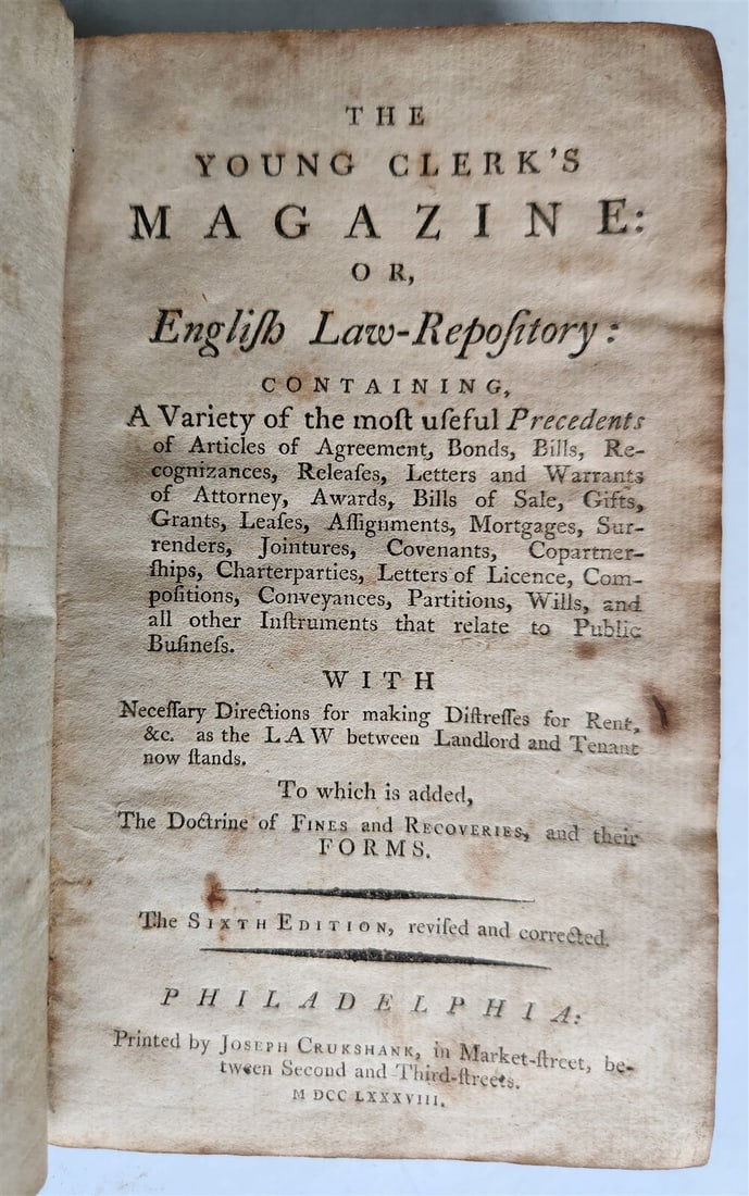 1788 YOUNG CLERK'S MAGAZINE ANTIQUE AMERICANA PHILADELPHIA IN ENGLISH (1 of 7)