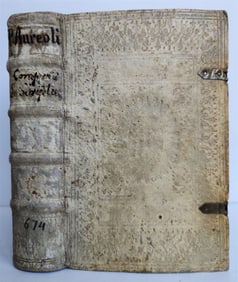 1610 BIBLE COMMENTARY BY PETRUS AUREOLI ANTIQUE BLIND STAMPED PIGSKIN W/ CLASPS
