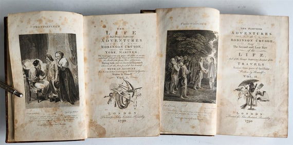 1790 FARTHER ADVENTURES OF ROBINSON CRUSOE ANTIQUE 2 VOLUMES ILLUSTRATED RARE
