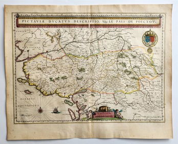 1640 MAP OF FRANCE PAIS DE POICTOV WILLEM BLAEU ANTIQUE AUTHENTIC HAND COLORED