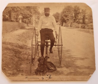 UNUSUAL BICYCLE ANTIQUE CABINET PHOTO W/ DOG 19TH CENTURY RARE