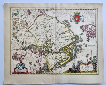 1640 SWEDEN UPPSALA STOCKHOLM MAP BY WILLEM BLAEU ANTIQUE AUTHENTIC HAND COLORED