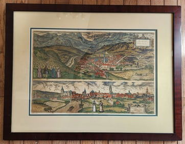 1617 COPPER ENGRAVING BRIXIA TYROLIS - LAUGINGEN ITALY - GERMANY ANTIQUE FRAMED