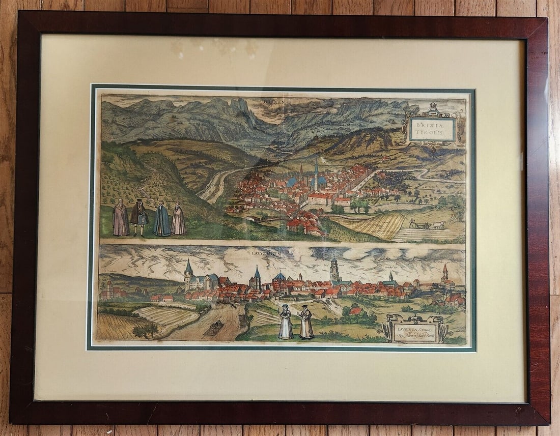 1617 COPPER ENGRAVING BRIXIA TYROLIS - LAUGINGEN ITALY - GERMANY ANTIQUE FRAMED: Brixia Tyrolis - Laugingen. Laubinga Sueviae Opp. Alberti Magni Patria. by Braun, Georg & Hogenberg, Franz Cologne, 1617 Original copper engraving, hand colored from Civitates Orbis Terrarum Size 13.5