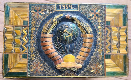 1954 RUSSIAN PROPAGANDA AMAZING HAND MADE BOX FOLK ART VINTAGE
