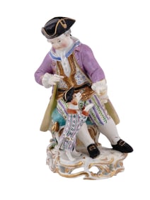 A MEISSEN PORCELAIN FIGURE OF BOY WITH DOG, 19TH CENTURY