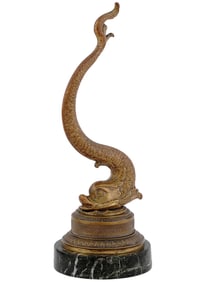 A 19TH C. FRENCH BRONZE AND MARBLE DOLPHIN FIGURE, POCKET WATCH HOLDER