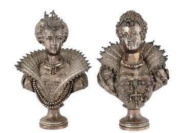 A PAIR OF MATHURIN MOREAU, FRENCH, SILVERED BRONZE BUSTS OF QUEEN ELIZABETH I