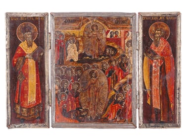 A LARGE RUSSIAN ORTHODOX ICON (TRYPYCH) OF RESURRECTION, 19TH CENTURY