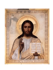 A RUSSIAN ORTHODOX ICON OF CHRIST PONTOCRATOR IN SILVER OKLAD, 19TH CEN.