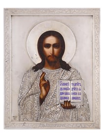 A RUSSIAN SILVER & ENAMEL OKLAD CHRIST PANTACRATOR ICON, 19TH C.
