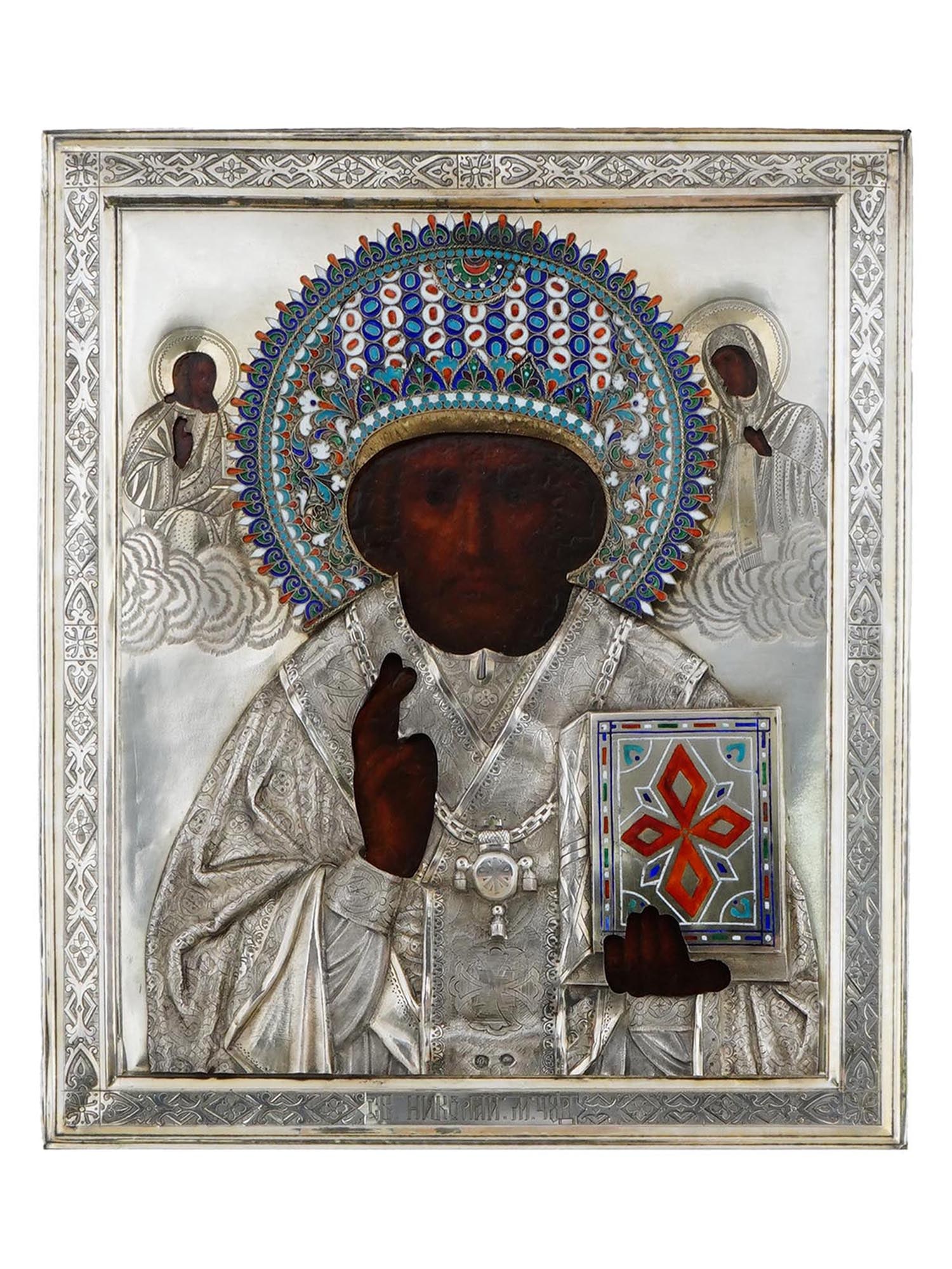 A RUSSIAN ORTHODOX SILVER OKLAD ST. NICHOLAS ICON, 19TH CEN. (1 of 8)