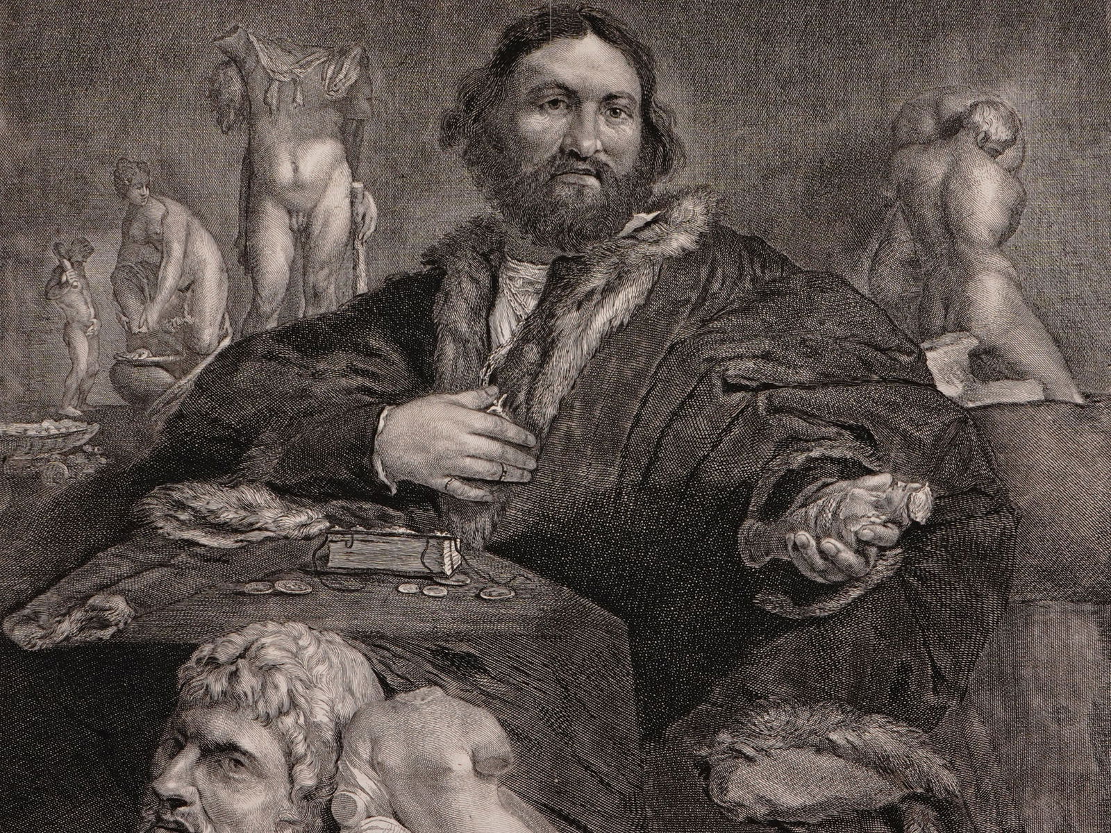 AN ENGRAVING OF ANDREA DI ODONI, CORNELIS VISSCHER (1629-1659), AFTER LORENZO LOTTO (1480-1557): A large and finely made engraving composed by Dutch Golden Age Engraver Cornelis Visscher (1629-1658) depicting the 'Portrait of Andrea di Odoni' by Italian Renaissance artist Lorenzo Lotto (1480-1557
