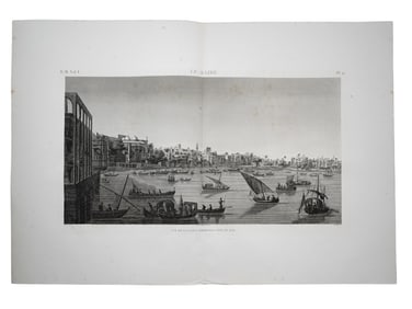 A VERY LARGE 1812 'DESCRIPTION DE L'EGYPTE' NAPOLEONIC ENGRAVING, SCENE OF AZBAKEYA FROM THE NILE,