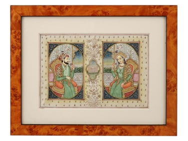 AN INDIAN GILT MINIATURE OF SHAH JAHAN AND MUMTAZ MAHAL WITH THE TAJ MAHAL
