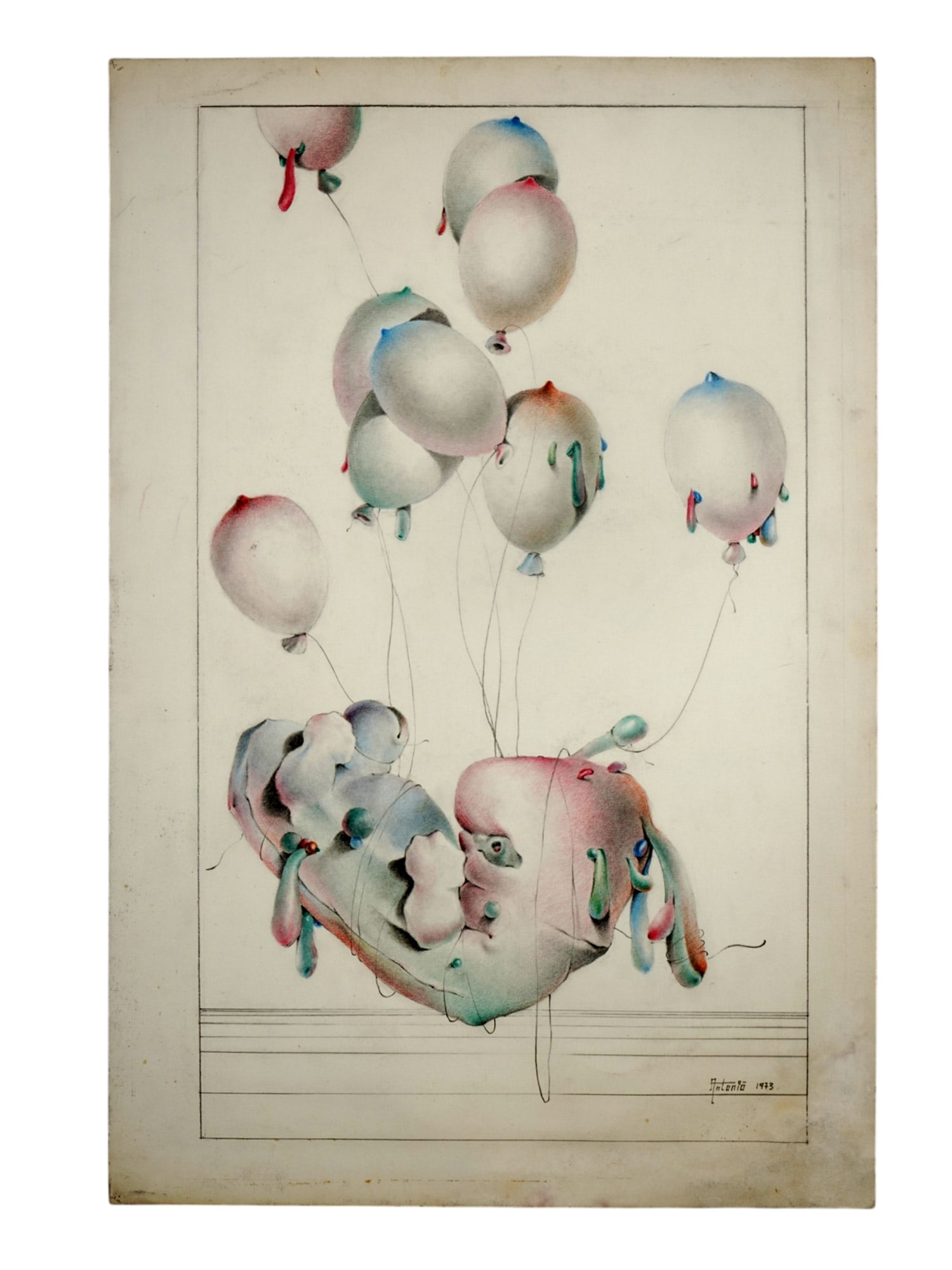 A SURREALIST PAINTING SIGNED 'ANTONIO 1973': A surrealist painting signed 'Antonio 1973' to the bottom right. Depicted is an amorphous chromatic mass, possibly representing a sort of balloon animal, being held up by many balloons with balloon li