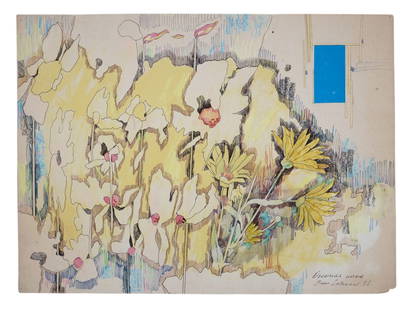 A RUSSIAN SOVIET MIXED MEDIA DRAWING BY OLEG SOKOLOV, 1986: Oleg Sokolov (Ukrainian/Soviet, 1919-1990), a mixed media (watercolor, felt-tip pen) drawing on paper, "Tchaikovsky Autumn Song," 1986. Signed, titled, and dated lower right. Additionally signed, titl