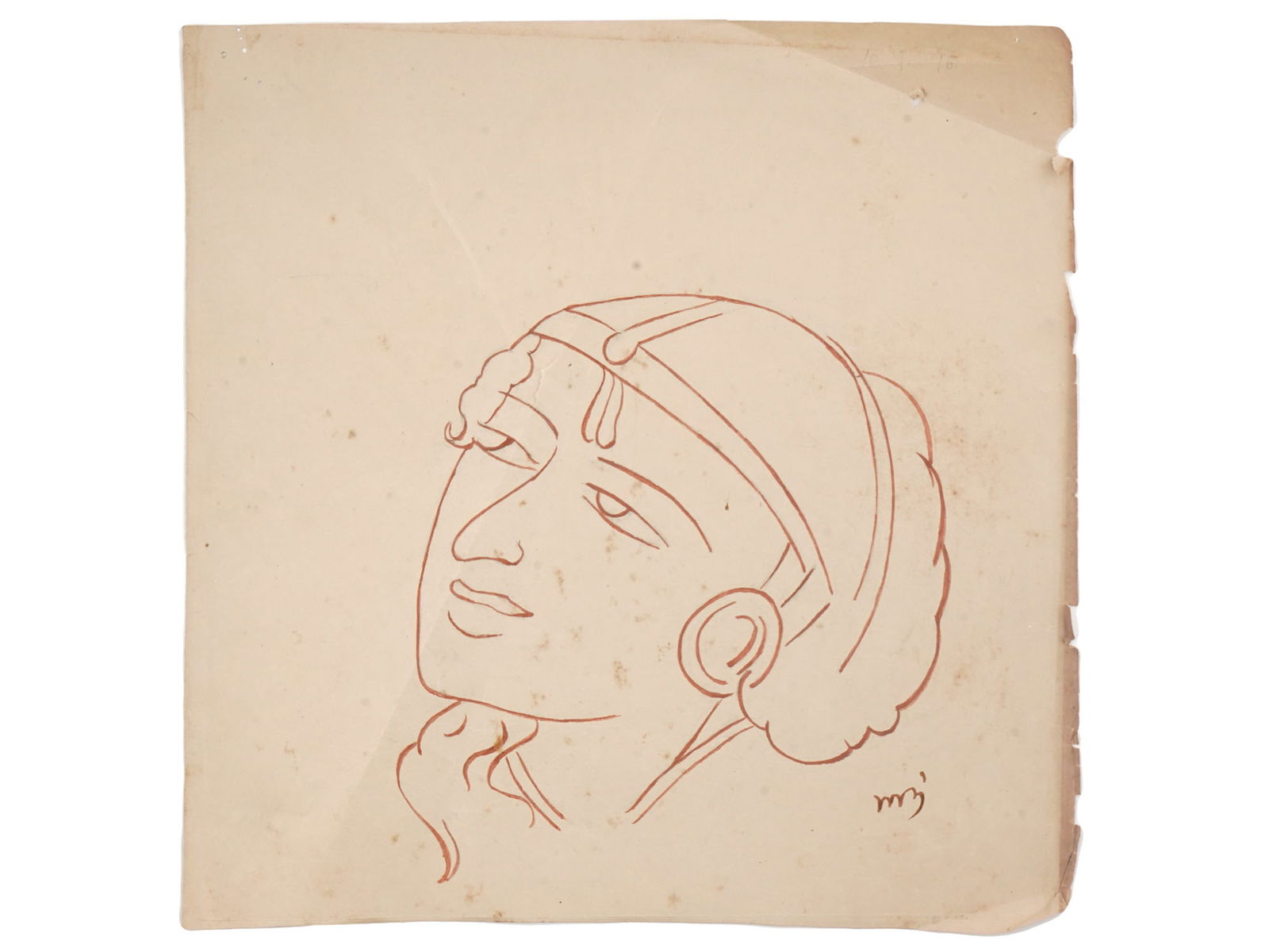 A BENGAL SCHOOL INK ON PAPER DRAWING AFTER NANDALAL BOSE: The drawing depicts a head of a young women copied from a fresco in one of the Buddhist caves at Bagh in the Amjhera District of Gwalior State, Central India. The original fresco was painted in the 6t