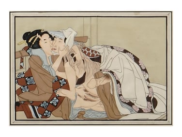 AN EROTIC JAPANESE PAINTING OF A COUPLE DRAPED IN SHEETS, 19TH CENTURY