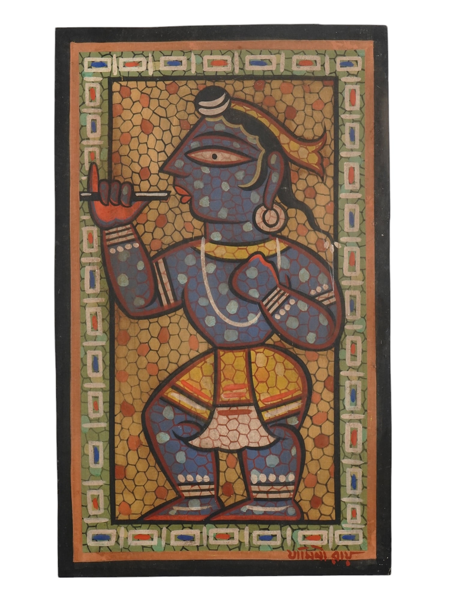 AN GOUACHE ON BOARD PAINTING ATTR TO JAMINI ROY (1887-1972): A gouache on board painting attributed to Indian artist Jamini Roy (1887-1972), depicting Krishna playing his flute, Sarala. The piece is signed in the lower right corner. Provenance: according to the