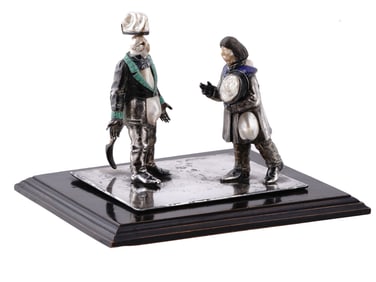 A MOTHER OF PEARL, SILVER, AND ENAMEL DIORAMA, GENTLEMEN MEETING, 19TH CEN.