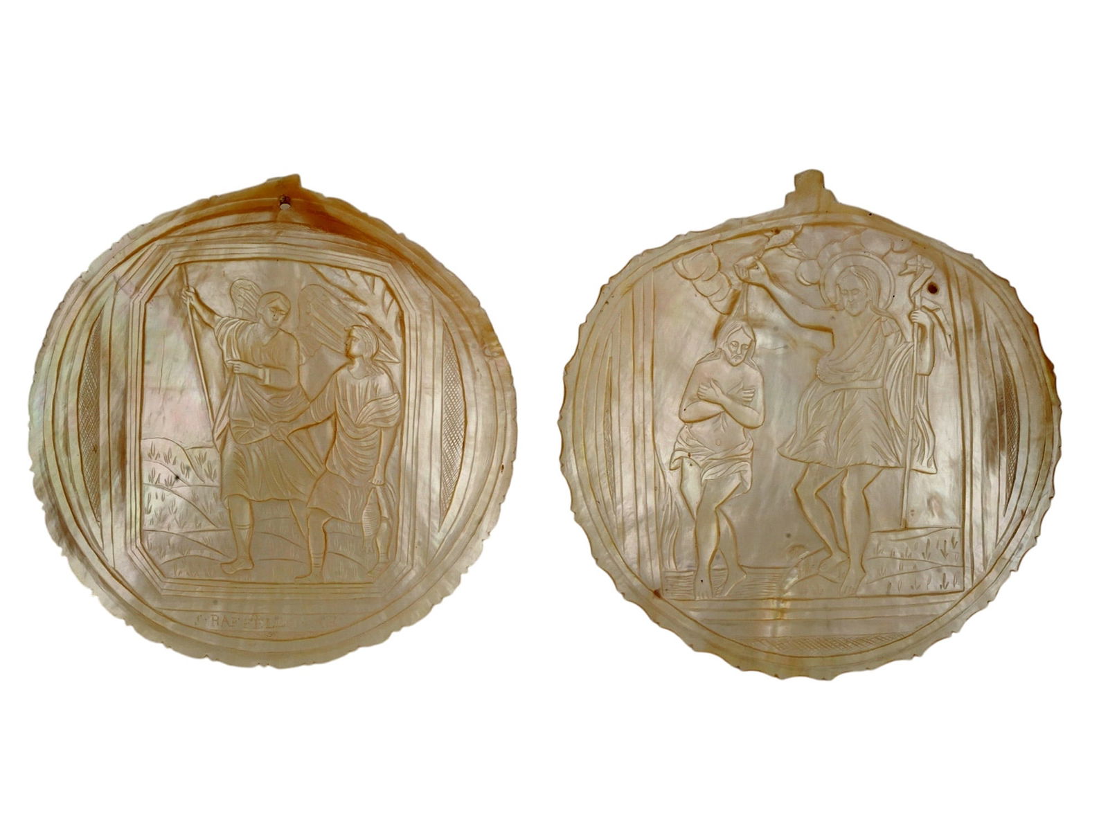 A PAIR OF CARVED MOTHER OF PEARL SHELLS, HOLY LAND, BETHLEHEM REGION, 18TH C. (1 of 5)