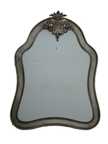 A SILVER-FRAMED ARMORIAL MIRROR WITH STAND, 19TH CEN.