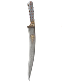 AN INDO-PERSIAN JADE-HILTED PESH KABZ DAGGER WITH GOLD INLAY