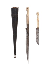 AN OTTOMAN BICHAQ KNIFE SET IN A LEATHER SHEATH, 19TH CENTURY