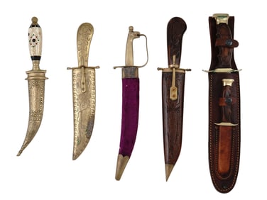 A LOT OF 5 DAGGERS OF VARYING ORIGIN AND STYLE