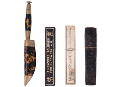 A LOT OF THREE VINTAGE RAZORS AND ONE KNIFE, 20TH CENTURY