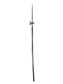 A EUROPEAN ENGRAVED IRON HALBERD ON FACETED WOODEN SHAFT, 17TH CEN.