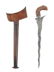AN INDONESIAN KRIS DAGGER WITH SCABBARD AND FABRIC POUCH