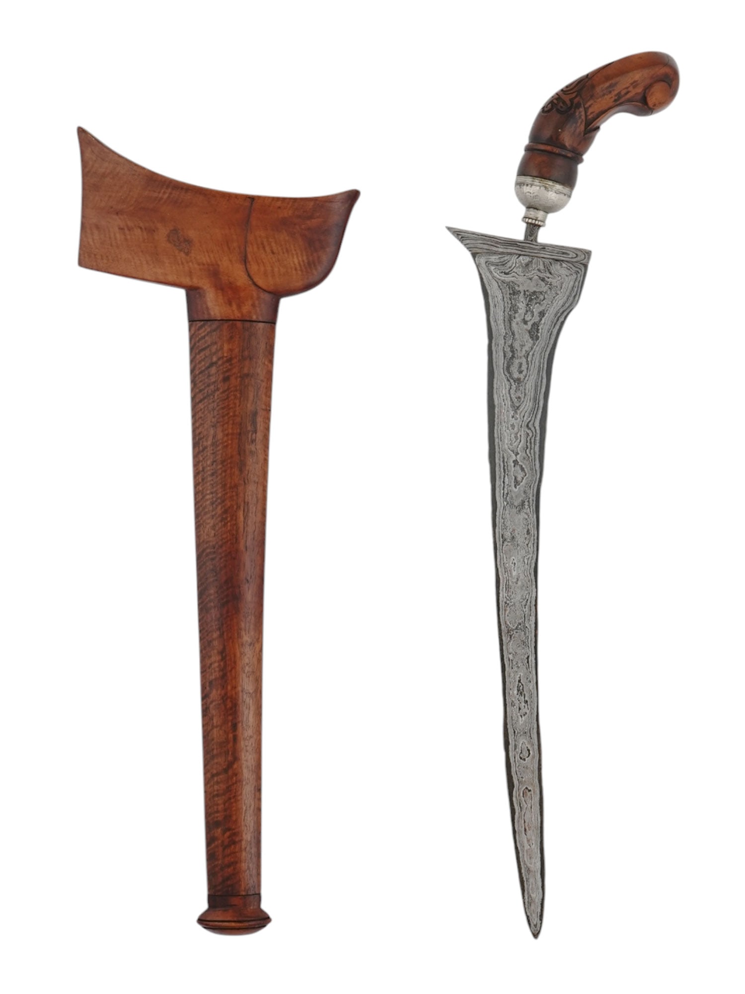 AN INDONESIAN KRIS DAGGER WITH SCABBARD AND FABRIC POUCH: A Madura or South Sulawesi kris dagger. Wooden sheath with shining patina with a marked curvy line on the upper part of the sheath. Lightly curved hilt in a geometric style with floral pattern. Possib