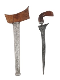AN INDONESIAN KRIS DAGGER WITH SCABBARD AND FABRIC POUCH