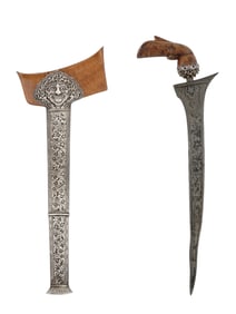 AN INDONESIAN KRIS DAGGER WITH SCABBARD AND FABRIC POUCH