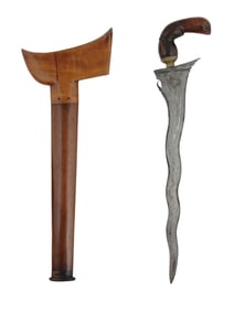 AN INDONESIAN KRIS DAGGER WITH SCABBARD AND CARRYING POUCH