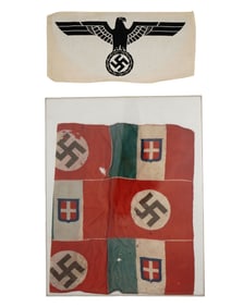 A LOT OF 6 WW2 ITALIAN AND GERMAN ARMBANDS AND A NAVAL SPORT SHIRT EAGLE