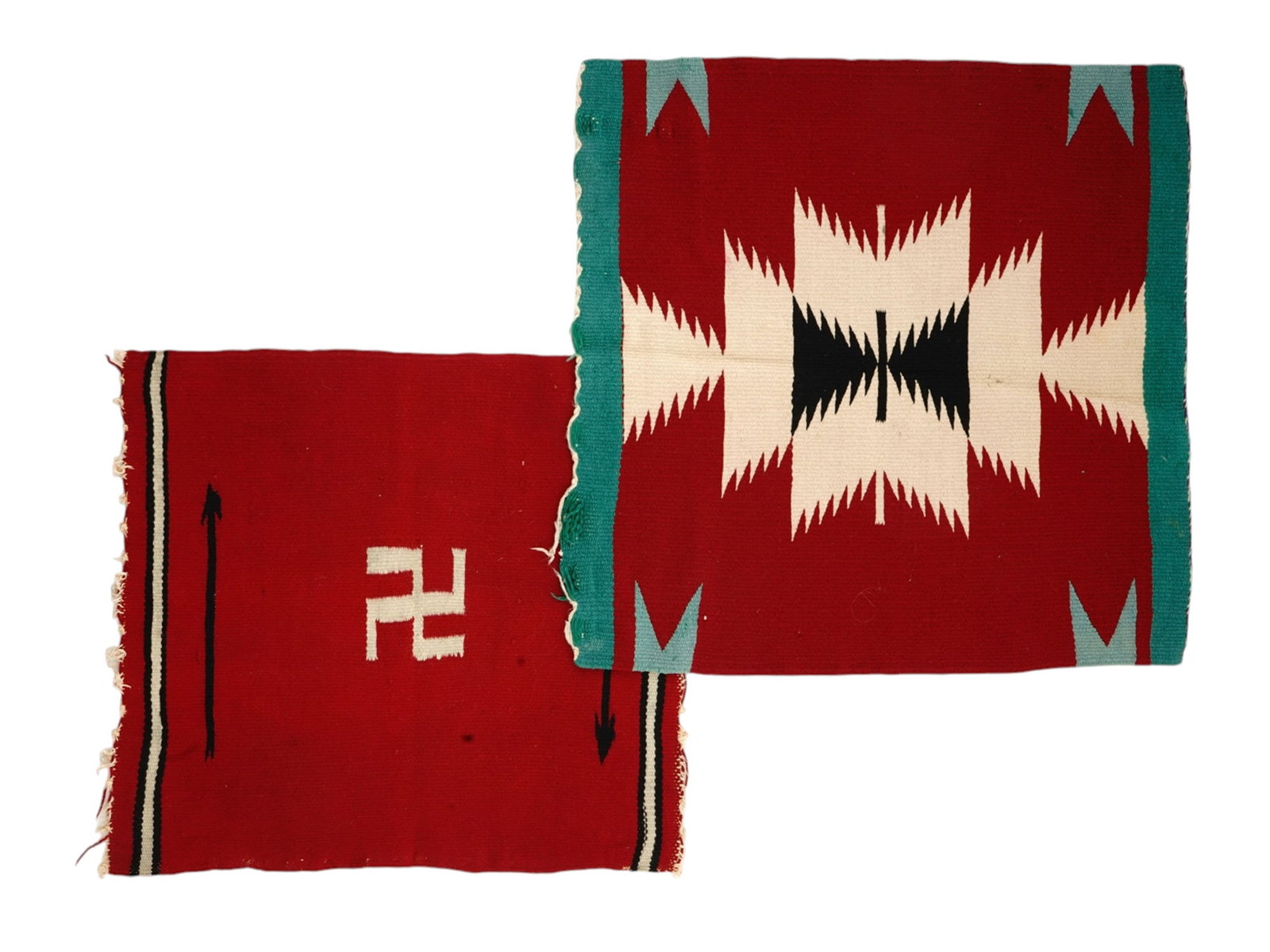 A PAIR OF SOUTHWESTERN NATIVE AMERICAN NAVAJO WOOL RUGS, 20TH CENTURY: A pair of wool rugs woVen by one of the Navajo tribe of the American Southwest. One rug is decorated with a characteristic Navajo geometric pattern, the other with a 'whirling log' symbol at center, s