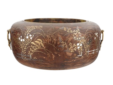 A MEIJI JAPAN LARGE WOODEN HIBACHI FIRE BOWL WITH MOTHER OF PEARL