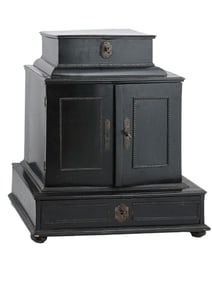 AN EARLY 17TH C. FLEMISH EBONY VENEERED TABLE CABINET, MONETARY CHEST