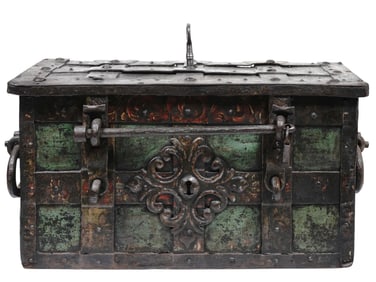 AN ITALIAN STRONG BOX OR CHEST WITH POLYCHROME PAINTING, 17TH CEN.
