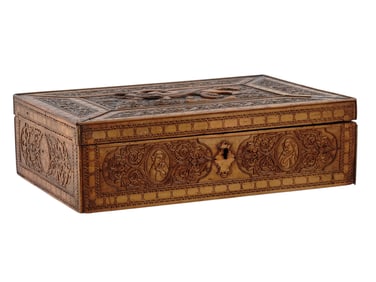 A QAJAR PERSIAN CARVED WOODEN HINGED CHEST WITH DRAGON AND LION, 19TH CENTURY ABADEH