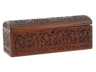 A PERSIAN CARVED-WOOD LIDDED CASKET, QAJAR PERIOD, 19TH CENTURY