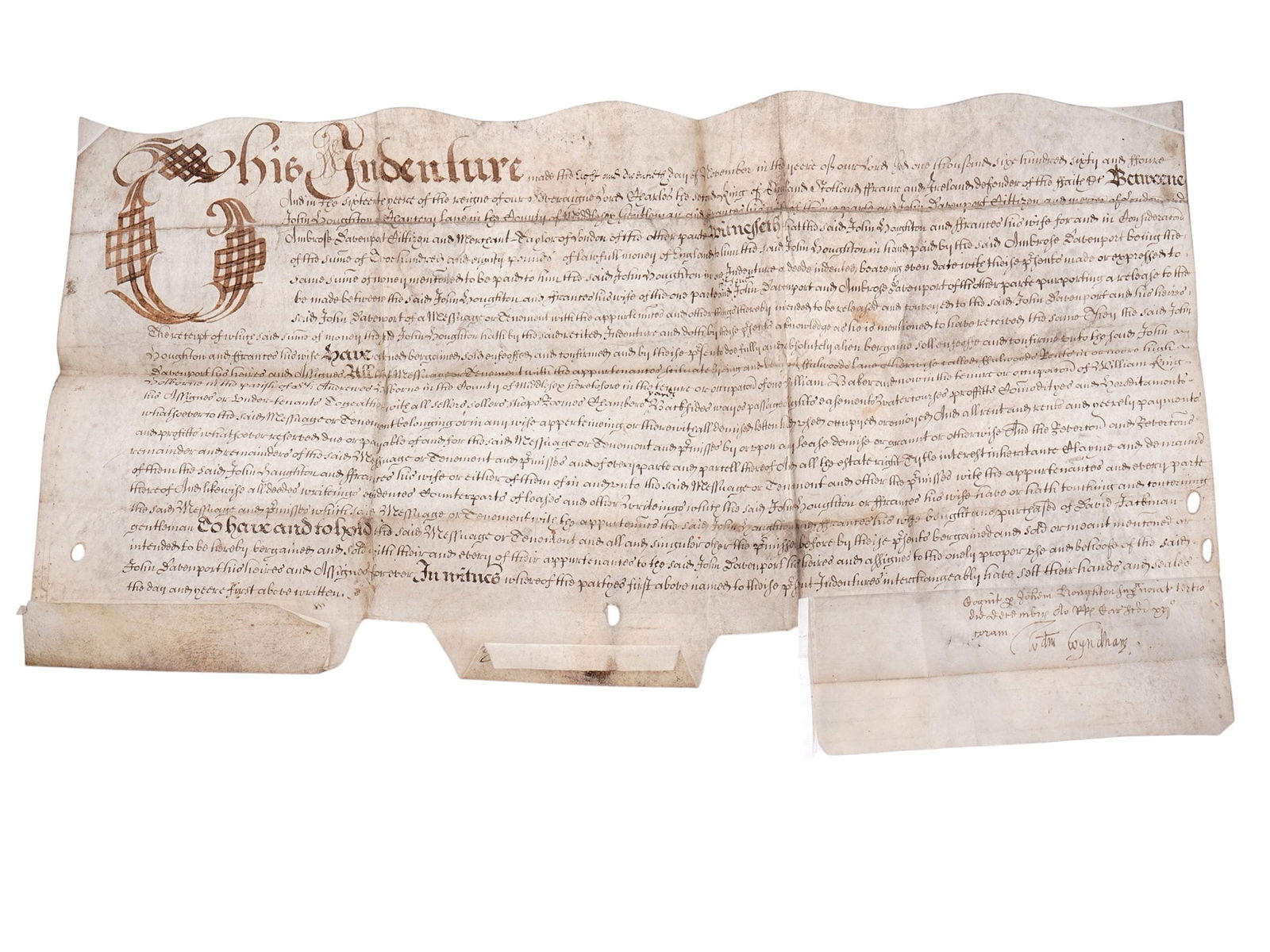 1664 ENGLISH VELLUM INDENTURE, MIDDLESEX COUNTY, REIGN OF CHARLES II (1 of 6)