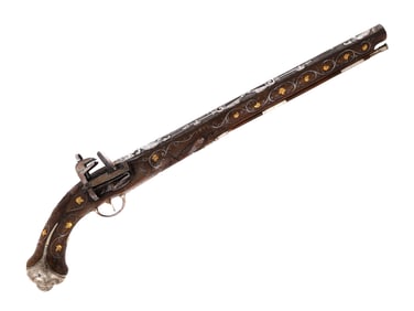A TURKISH ISLAMIC SILVER-MOUNTED FLINTLOCK PISTOL, 19TH CENTURY