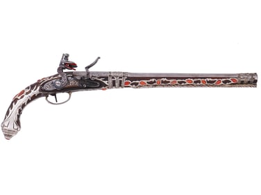 A CORAL SET SILVER-MOUNTED ALGERIAN FLINTLOCK PISTOL, 19TH CENTURY