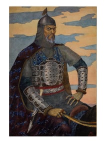 A RUSSIAN WATERCOLOR OF MOUNTED TIMUR BY MIKHAIL BELOMLINSKIY, 1953