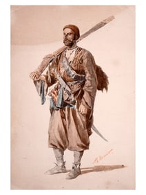 A THEODOR HORSCHELT (1829-1871) SIGNED WATERCOLOR PORTRAIT OF A GEORGIAN WARRIOR
