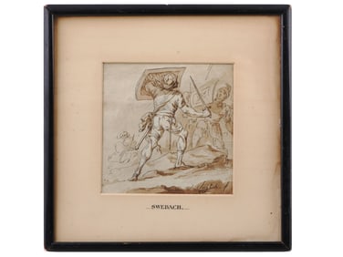 AN INK FIGURE DRAWING BY SWEBACH FOR A BATTLE SCENE PAINTING, SIGNED, 1786
